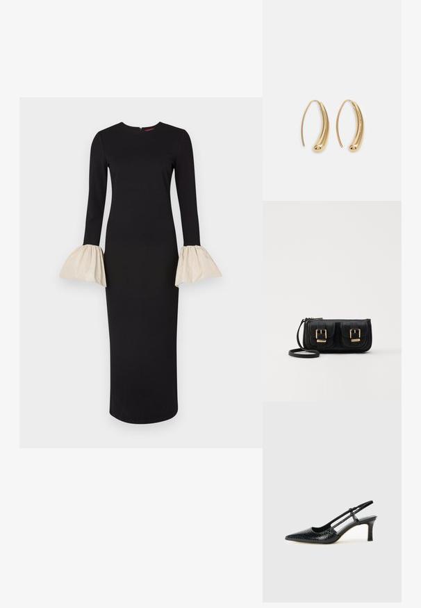 Vestido preto com mangas longas, apresentando punhos flare na cor creme. Design suave e ajustado com decote redondo e fecho de correr nas costas.; Salto slingback em patente preta com bico apontado, apresentando um padrão de pele de cobra texturizado, tira ajustável e um salto bloco curto e texturizado.; Bolsa de ombro em couro preto com dois bolsos frontais, fivelas douradas, fecho de zíper e uma alça fina. Superfície texturizada e forma retangular compacta.; Brincos em metal dourado com forma de arco alongado e curvado. Apresentam uma superfície lisa e brilhante, com uma ponta arredondada para um detalhe adicional.