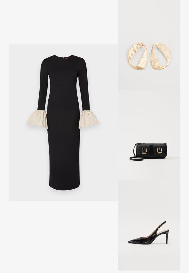 Rochie neagră cu mâneci lungi, având manșete evazate de culoare crem. Design neted, ajustat, cu decolteu rotund și fermoar în spate.; Pantofi slingback din piele patent neagră, cu vârful ascuțit, tocul subțire și un design discret cu decupaj. Se evidențiază printr-un cataramă aurie pe curea.; Geantă neagră din piele, tip crossbody, cu două buzunare frontale, catarame aurii, închidere cu fermoar și o curea subțire. Suprafață texturată și formă rectangulară compactă.; O pereche de cercei din metal de culoare aurie, cu formă ovală neregulată, având o suprafață texturată, ușor ciocănită, pe un fundal alb.