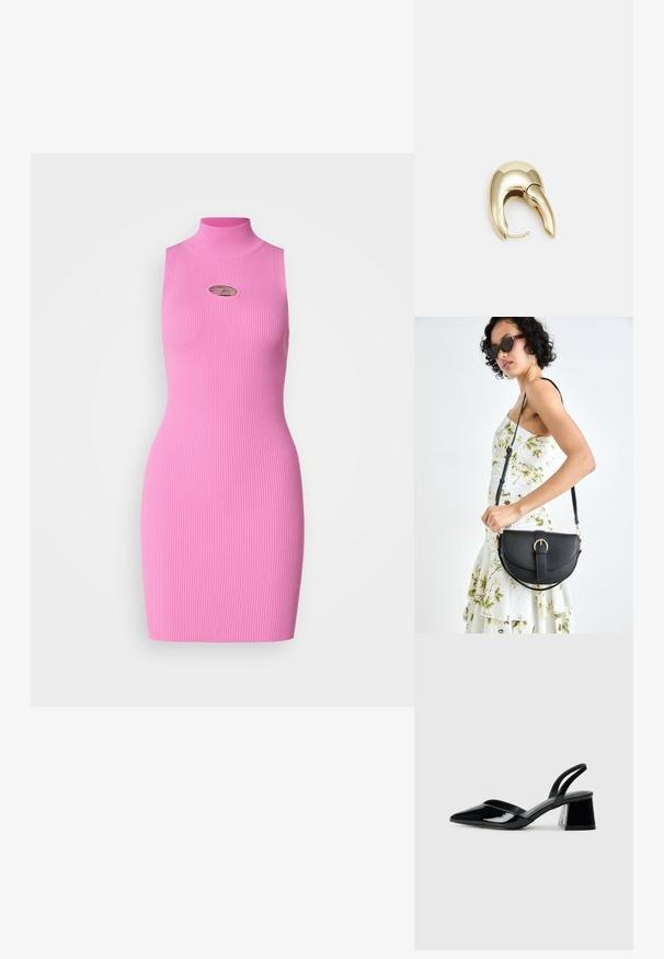 Figursydd, ärmlös klänning i klart rosa ribbat tyg. Hög krage med en liten uttagning och metallisk logotypdetalj på bröstet.; Svarta lackläder slingback klackar med spetsig tå och geometrisk klack. Har en elegant, minimalistisk design och slät yta.; Svart läderhandväska med en böjd form, avtagbar rem och guldiga detaljer. Väskan har ett lock med en spänndetalj.; Örhänge i guldtonad metall med en elegant, böjd design. Har en distinkt spetsig form, polerad yta och gångjärnslås.