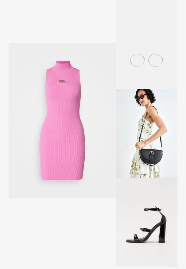 Saskaņota, bez piedurknēm, kleita spilgti rozā ribotā audumā. Augsts apkakles dizains ar mazu izgriezumu un metāla logotipa detaļu uz krūškurvja.; Melnas lakotas augstpapēžu čības ar kvadrāta purngalu, potīšu siksniņām un sudraba sprādzēm. Aprīkotas ar masīvu bloku papēdi stabilitātei.; Melnas ādas rokassoma ar izliekta formu, noņemamu siksnu un zelta aksesuāriem. Somai ir vāciņš ar sprādzes detaļu.; Sudraba riņķa auskari ar elegantu, apaļu dizainu, kas izceļas ar gludu virsmu un bez redzamām rotājumām. Diametrs netiek norādīts.