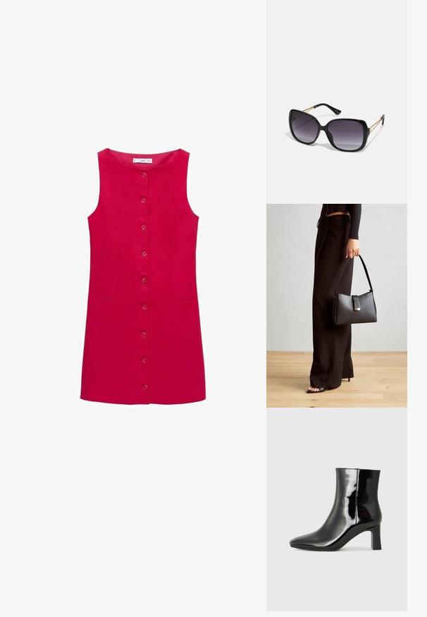 Crvena lanena haljina bez rukava s okruglim izrezom, prednjim zatvaranjem na dugmad i dvije bočne džepove. Glatka tekstura, dizajn do koljena.; Crne lakirane kožne gležnjače s šiljastim prstom i srednje visokom blok petom. Glatka tekstura i minimalistički dizajn.; Crne prevelike sunčane naočale s gradijentnim lećama, debelim okvirom i zlatnim lancem kao detaljem na krakovima.; Crna torba s oblikom koji sadrži strukturu, glađu teksturu i metalnu kopču. Uparena s širokim crnim hlačama i sandalama na otvorenom s drvenog poda.