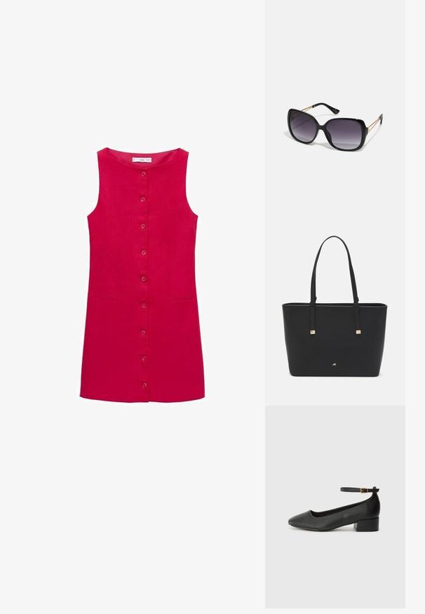 Rdeč laneni brezrokavnik s krožnim ovratnikom, sprednjo zaporo na gumb in dvema stranskima žepoma. Gladka tekstura, zasnova do kolen.; Črne usnjene pumpice z nazobčanimi prsti in nizko blokasto peto. Imajo trak okoli gležnja z zaponko v zlatem tonu. Gladka tekstura.; Črne prevelike sončne očala z degradacijskimi lečami, debelimi okvirji in zlatimi verižicami na ročajih.; Črna torba iz sintetičnega materiala, preproste pravokotne oblike, z zlatimi kvadratnimi detajli in dvojnih ročajem.