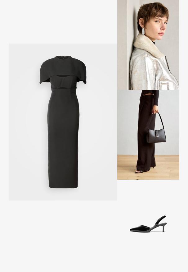 Svart kjole med en tilpasset silhuett og en dramatisk kappeoverdel. Har en høy halslinje og utskjæringsdetaljer på bodice. Jevn tekstur.; Sorte patent lær slingback-heler med spiss tå, lav stilettostøvel og et stilrent, enkelt design uten dekorasjoner.; Svart håndveske med strukturert form, jevn tekstur og metallisk lås. Kombinert med brede svarte bukser og sandaler med åpen tå på tregulv.; Sølvmetallisk lærjakke med lammeskinnskrage, med glidelås og strukturert overflate. Store dråpeformede øredobber med klare edelstener.
