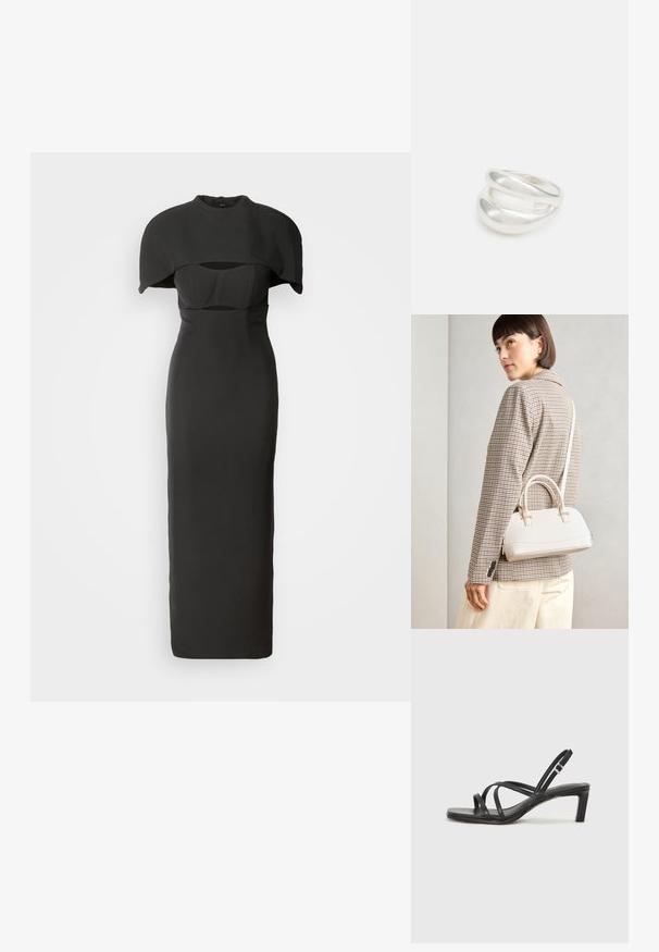 Mustade kleit, millel on istuv siluett ja dramaatiline kapekate. Omab kõrget kaelust ja lõikega detaile bodice'il. Sile tekstuur.; Mustast rihmajalatsid ruudukujulise varba ja madala ploki kontsaga. Omab mitmeid õhukesi rihmasid ja reguleeritavat pahkluu rihma. Valmistatud siledast nahast.; Valge struktureeritud käekott lühikeste käepidemete ja õlavööga, millel on kuldse riistvara aktsendid ja tekstuuriga materjal, eksponeeritud halli taustal.; Hõbedane kahekordne rõngas sujuva, poleeritud pinnaga. Omab voolavat, kõverat disaini, millel on kattuvad sektsioonid, et saavutada kaasaegne ilme.