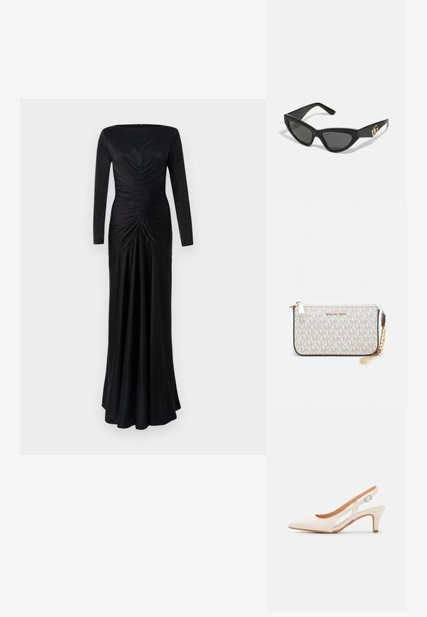 Fekete, hosszú ujjú ruha testhez simuló felsőrésszel, az elején redőzött részletekkel és egy lágy szoknyával. Simább anyag és kerek nyakkivágás.; Fehér slingback sarok, hegyes orral, sima felső anyaggal, alacsony blokk sarkával és oldalsó kivágott dizájnnal, állítható csatpánttal.; Macska szemformájú napszemüveg matt fekete műanyag kerettel, sötét lencsékkel és arany logóval a szárán. Szögletes kialakítás és sima felület.; Michael Kors bézs bevonatos vászon karkötő, amely ismétlődő MK logó mintával, aranyszínű fémrészletekkel és levehető lánchordóval rendelkezik.
