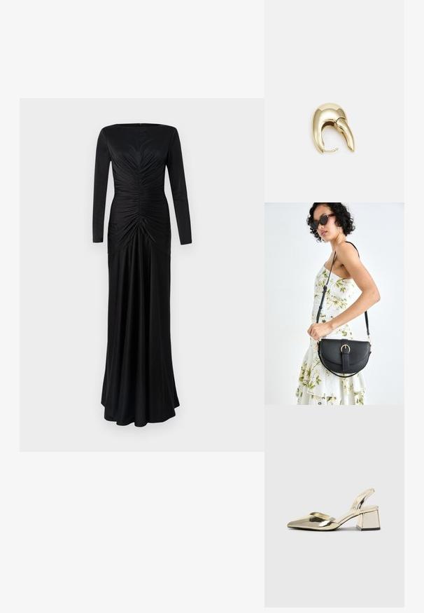 Melna garo piedurkņu kleita ar pieguļošu augšu, savilkta apdare priekšā un plūstoša svārku daļa. Gluda auduma un apaļš kakla izgriezums.; Zeltaini, metāla kurpes ar siksniņām, norakans purngalis un masīla papēdis. Gluda tekstūra, minimālisma dizains un šaura siksna.; Melnas ādas rokassoma ar izliekta formu, noņemamu siksnu un zelta aksesuāriem. Somai ir vāciņš ar sprādzes detaļu.; Zeltīti metāla auskari ar gludu, izliekta dizaina. Ar atšķirīgu smailu formu, pulētu virsmu un eņģu aizdari.