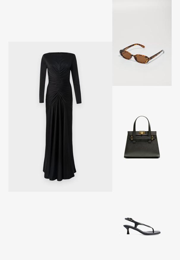 Black long-sleeve dress with a fitted bodice, gathered detailing at the front, and a flowing skirt. Smooth fabric and a round neckline.; Black leather sandal with a slim design, thin straps, and a small heel. Features a buckle accent and a smooth textured footbed.; Tortoiseshell sunglasses with oval frames, brown lenses, and slender black arms featuring subtle pattern accents.; Black textured tote bag with short handles, featuring a gold clasp and accents. The design is structured, with a geometric silhouette.