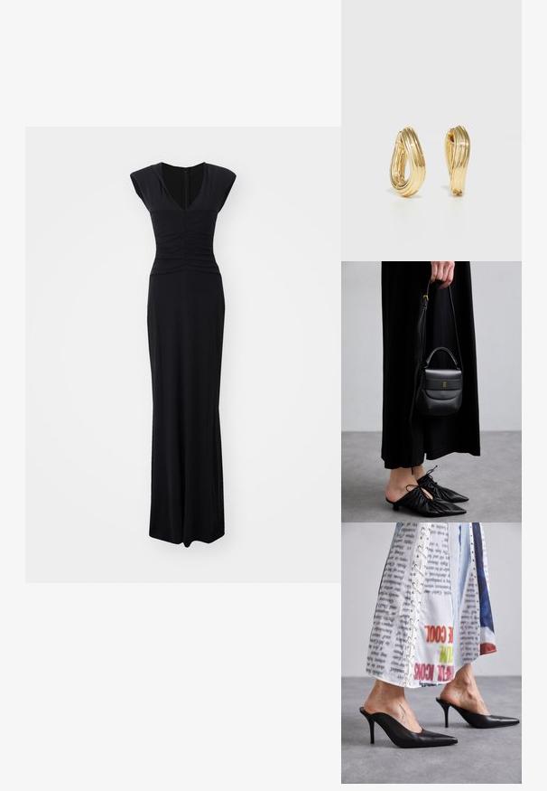 Schwarzes, ärmelloses Kleid mit V-Ausschnitt, gerafftem Oberteil und geradem, bodenlangen Schnitt. Hergestellt aus glattem, dehnbarem Stoff.; Schwarze Leder-Mules mit spitzer Zehenpartie und Stiletto-Absatz, kombiniert mit einem weißen, gemusterten Kleidungsstück mit Schnürdetails.; Kleine schwarze Ledertasche mit runder Form, Obergriff und abnehmbarem Riemen. Getragen zu einem schwarzen Stoffkleid und schwarzen plissierten Schuhen.; Goldfarbene Creolen mit einem gedrehten Design, das eine gerippte Textur und eine glatte Oberfläche aufweist. Leicht und hohl konstruiert.