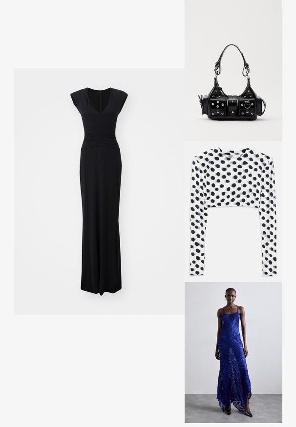 Czarna, bezrękawna sukienka z dekoltem w serek, marszczoną górą i prostą, długą sylwetką. Wykonana z gładkiego, elastycznego materiału.; Krótką bluzkę z długim rękawem z elastycznego białego materiału z czarnym wzorem w kropki, o gładkiej fakturze i okrągłym dekolcie.; Maxi sukienka w niebiesko-fioletowy wzór zwierzęcy, z cienkimi ramiączkami, dopasowanym gorsetem, rozkloszowanym dołem i przeźroczystymi detalami.; Czarna skórzana torebka w zakrzywionym kształcie, z srebrnymi ćwiekami, klamrą i dwoma bocznymi kieszeniami. Regulowany pasek umożliwiający różne opcje noszenia.
