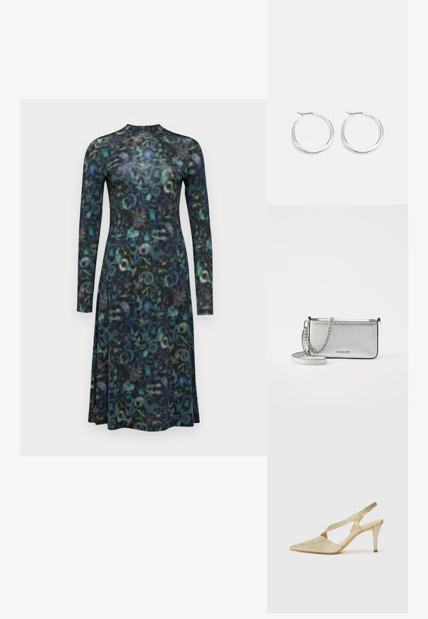 Vestuário de manga longa em azul escuro e verde com padrões ondulados. Tecido suave, gola alta e design até o tornozelo.; Sandal de salto em ouro brilhante com bico fino, faixa de tornozelo fina e um salto esguio. A superfície tem um acabamento metálico texturizado.; Bolsa crossbody de couro prateada com um acabamento texturizado, detalhes em corrente e alça, e fecho de zíper. Apresenta um logotipo na parte da frente.; Brincos de argola prateados com um design suave e arredondado, apresentando um perfil fino e um fecho seguro. Estilo minimalista com um acabamento polido.