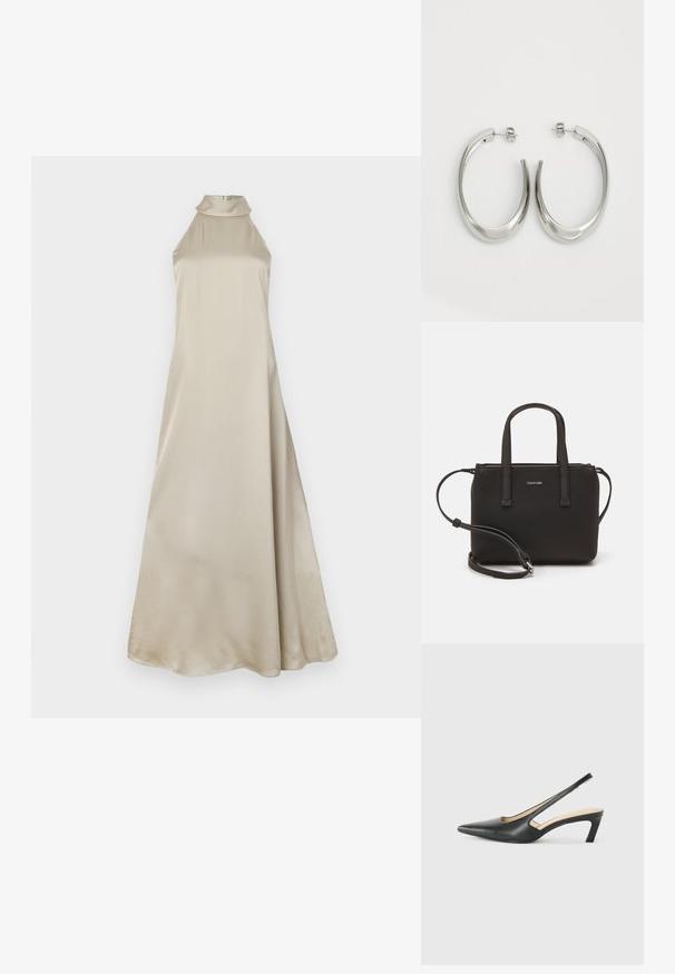 Maxi sukienka w jasnym beżowym satynie, z wysokim kołnierzem i zwiewną sylwetką. Gładka tekstura z delikatnym połyskiem, bez widocznych wzorów.; Czarny but na obcasie typu slingback z ostro zakończonym noskiem, z niskim obcasem, wykonany z gładkiej skóry, z wycięciem po boku dla lepszej wentylacji.; Czarna torebka z dwoma krótkimi uchwytami i odpinanym paskiem na ramię. Gładki materiał przypominający skórę, z zamkiem błyskawicznym i detalem z logo.; Srebrne kolczyki-hoop o gładkim, zakrzywionym designie. Posiadają błyszczące metaliczne wykończenie i zapięcie na sztyft. Brak widocznych wzorów lub akcentów.