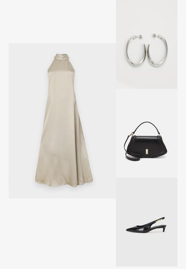 Rochie maxi din satin bej deschis, cu un guler înalt și o siluetă fluidă. Textură netedă cu un ușor strălucire, fără modele vizibile.; Sandale slingback din piele neagră cu vârf ascuțit, având un toc subțire și un accent de culoare aurie pe curea ajustabilă. Textură netedă.; Geantă de umăr din piele neagră, cu un design structurat, având o formă tăiată, mânere superioare și accente din aur. Include o curea de umăr ajustabilă.; Cercei din argint, cu un design neted și curbat. Prezintă o finisare metalică strălucitoare și închidere cu stud. Fără modele sau accente vizibile.