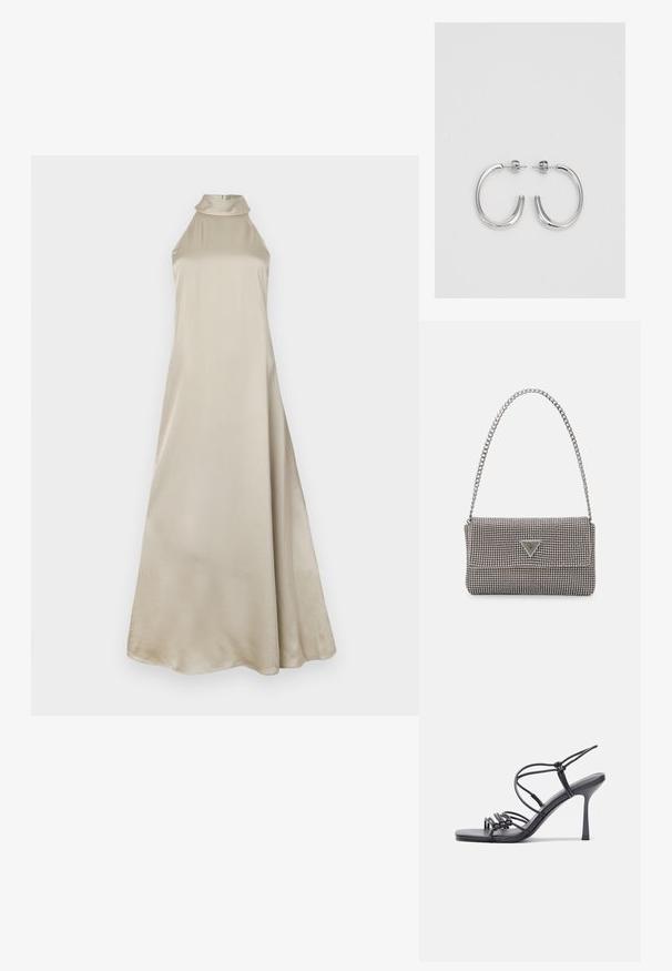 Maxi suknelė šviesiai bežėje satino, su aukštu apykaklė ir laisva siluetu. Glotni tekstūra su lengvu blizgesiu, be matomų raštų.; Juodos aukštakulnės sandalai pasižymi plonyčiais dirželiais su mazgo dizainu, lygiu kvadratiniu pirštu ir elegantišku stiletto kulnu.; Šviesiai pilka metalinė rankinė su grandinėlės dirželiu, papuošta mažais apvaliais metaliniais smeigėmis ir trikampiu prekės ženklu.; Sidabrinės auskarai žiedai su lygiu, blizgiu paviršiumi. Suapvalinta forma, lengvas dizainas, su uždarymu ant smeigtuko.