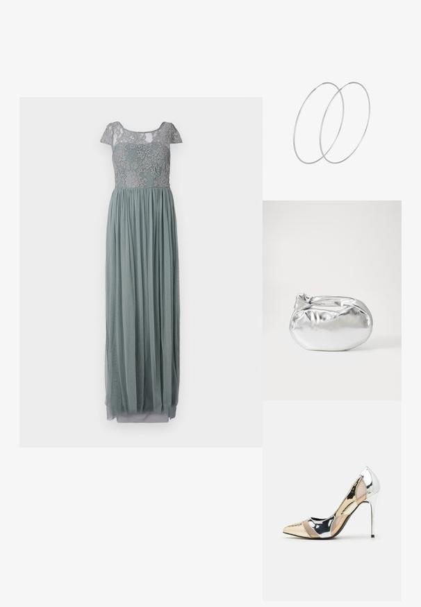 Maxi suknelė švelniai žalsvai mėlyna spalva su nėrinių liemeniu ir trumpomis rankovėmis. Laisva, susikilusi sijonas pagamintas iš švelnaus, lengvo audinio.; Aštrus pirštas aukštakulnis batelis su sidabro, aukso ir nuogų spalvų deriniu. Blizgus paviršius su išpjovos dizainu, su stiletto kulnu.; Sidabrinė metalinė maišelio forma su švelnia, apvalia forma ir mazgu užveriamu viršumi. Pagaminta iš lygios dirbtinės odos medžiagos.; Sidabrinės pusmėnulio auskarai minimalistiniu dizainu. Apskritimo forma, lygus paviršius ir plonas profilis. Lengvi su poliruotu apdailu.
