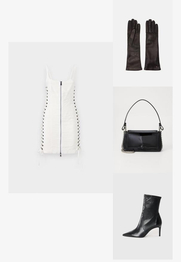 Valge sobiv kleit, millel on ees napp tõmblukk ja külgedel pitsdetailid. Omab reguleeritavaid sidumisrihmasid alläärs ja õhukesi rihmasid. Sile kangas.; Mustad mustajalatsid, mis on valmistatud siledast nahast, omavad teravat nina, kitsast varre ja peenikest kõrget kontsa. Minimalistlik disain, ilma nähtava riistvaraeta.; Mustmust mustkott mustmust mustkott, millel on ristkülikukujuline kuju, kettstrap ja silmapaistev viimistlusaktsent keskel. Sile tekstuur.; Weekend Max Mara SENAPE - Sõrmkindad - nero