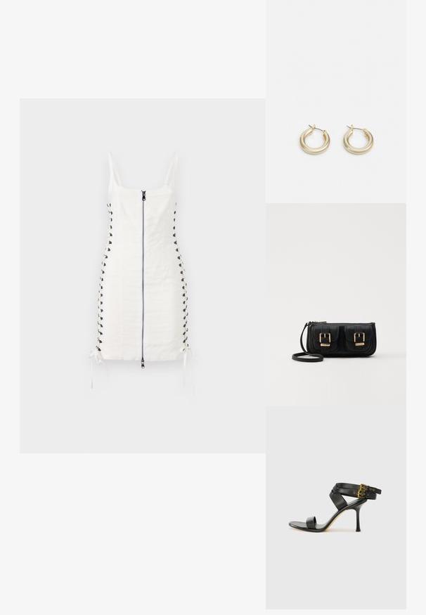 Balta prigludusi suknelė su priekiniais užtrauktukais ir šoninėmis nėrinių detalėmis. Suknelė turi reguliuojamas virves apatinėje dalyje ir plonas petnešėles. Sklandus audinio tekstūros jausmas.; Juodi kulniškų sandalai su kryžminėmis juostelėmis ir reguliuojamu sagtimi. Ypatybė – lygus paviršius ir siauras smailas kulnas.; Juodas odinis per petį nešiojamas krepšys su dviem priekiniais kišenėmis, auksiniais sagtimis, užtrauktuko uždarymu ir siauromis petnešomis. Textūruota paviršius ir kompaktiškas stačiakampis formatas.; Lauren Ralph Lauren BASIC SMALL HOOP - Auskarai - gold-coloured