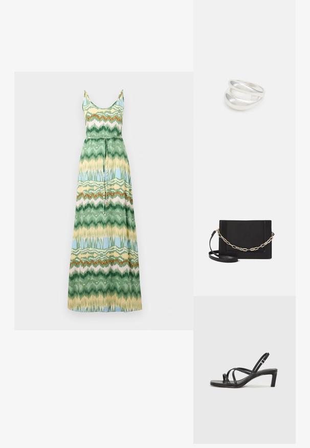 Maxi suknelė su smulkiomis petnešomis, su žaliai, geltonai ir mėlynai raštuota dizainu. Lengvas audinys su juostos diržu juosmens srityje.; Juodi šlepetės su kvadratiniu pirštu ir žemu bloku kulnu. Yra keli ploni dirželiai ir reguliuojamas kulkšnies diržas. Pagaminti iš lygios odos.; Juodas odinis per petį nešiojamas krepšys turi lygų paviršių, stačiakampio formą ir metalinę grandinėlę priekyje. Pridedama reguliuojama dirželis.; Sidabrinis dvigubas žiedas su lygiu, poliruotu paviršiumi. Pasižymi sklandžiu, kreiptu dizainu su persipinančiomis dalimis, suteikiančiomis modernų išvaizdą.