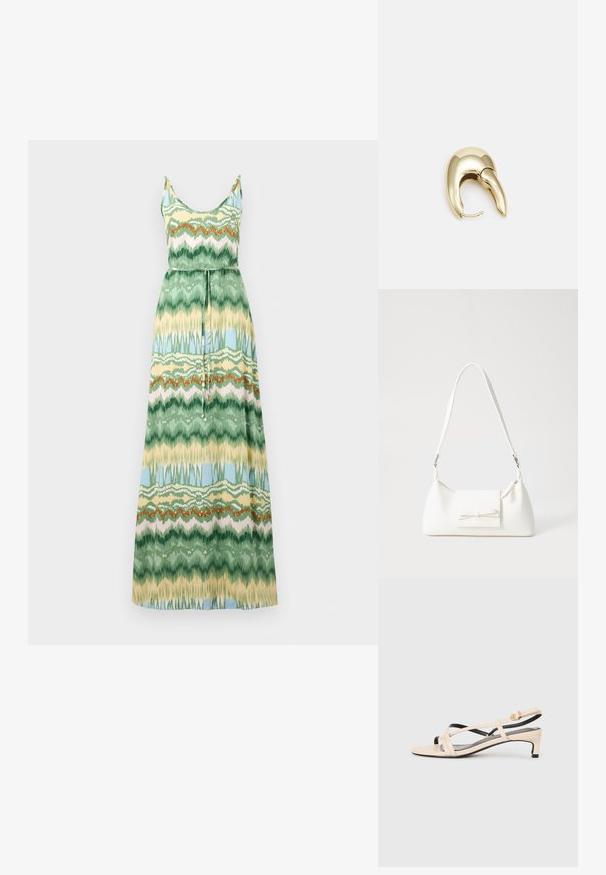 Maxi ruha pántokkal, zöld, sárga és kék mintával. Könnyű anyag, deréknál megkötő övvel.; Beige bőr női szandál, keresztpántos kialakítással, alacsony sarokkal és fekete kiegészítőkkel. Simogató tapintás és minimál stílus.; Fehér szintetikus kézitáska, háromszög alakú, lapos előlap, masni részlettel, állítható pánttal, sima textúrával és minimalista dizájnnal.; Aranyszínű fém fülbevaló, elegáns, ívelt formával. Különleges hegyes alak, fényes felszín és zsanéros záródás jellemzi.