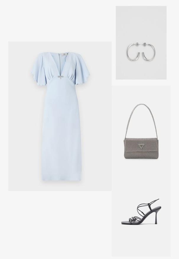 Šviesiai mėlyna suknelė, pagaminta iš lygaus audinio, su plačiomis rankovėmis, giliais iškirpimais ir užtrauktuku nugaroje su dekoratyvine furnitūra.; Juodos aukštakulnės sandalai pasižymi plonyčiais dirželiais su mazgo dizainu, lygiu kvadratiniu pirštu ir elegantišku stiletto kulnu.; Šviesiai pilka metalinė rankinė su grandinėlės dirželiu, papuošta mažais apvaliais metaliniais smeigėmis ir trikampiu prekės ženklu.; Sidabrinės auskarai žiedai su lygiu, blizgiu paviršiumi. Suapvalinta forma, lengvas dizainas, su uždarymu ant smeigtuko.