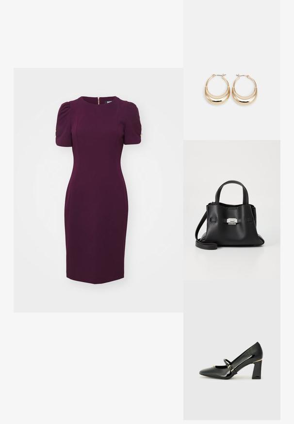 Burų suknelė su trumpomis pūstomis rankovėmis, apvaliu iškirpimu ir auksiniais mygtukais ant pečių. Glotni, struktūrizuota medžiaga, iki kelių.; Juoda patentinė oda aukštakulnė bateliai su smailiu pirštu, kulkšnies dirželiu ir auksiniu akcentu ant kulno. Kvadrato formos blokinis kulnas.; Juodas odinis rankinės su tekstūruota apdaila, turintis dvi viršutinės rankenos, nuimamą peties diržą ir sidabrinį užsegimą.; Auksinės tonacijos auskarai su mėnulio forma, lygus paviršius ir sklendės uždarymas. Lygus tekstūra ir atspindintis finis padidina matomumą.