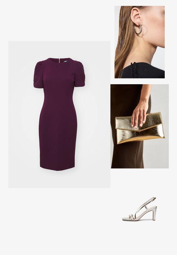 Burų suknelė su trumpomis pūstomis rankovėmis, apvaliu iškirpimu ir auksiniais mygtukais ant pečių. Glotni, struktūrizuota medžiaga, iki kelių.; Metallic sidabriniai aukštakulniai sandalai su atvira nosimi, turintys tris plonas dirželius per pėdą ir kulkšnies dirželį su sagtimi.; Auksinės metalinės rankinės su lygiu paviršiumi, kuri turi trikampio formos užsegimą. Ranką laikančioji turi tvarkingai prižiūrėtus nagus.; Sidabrinė lankinė auskarai su poliruotu paviršiumi, turintys mažus auksinius akcentus ir apvalią formą, dėvimi ant ausies kaušelio.