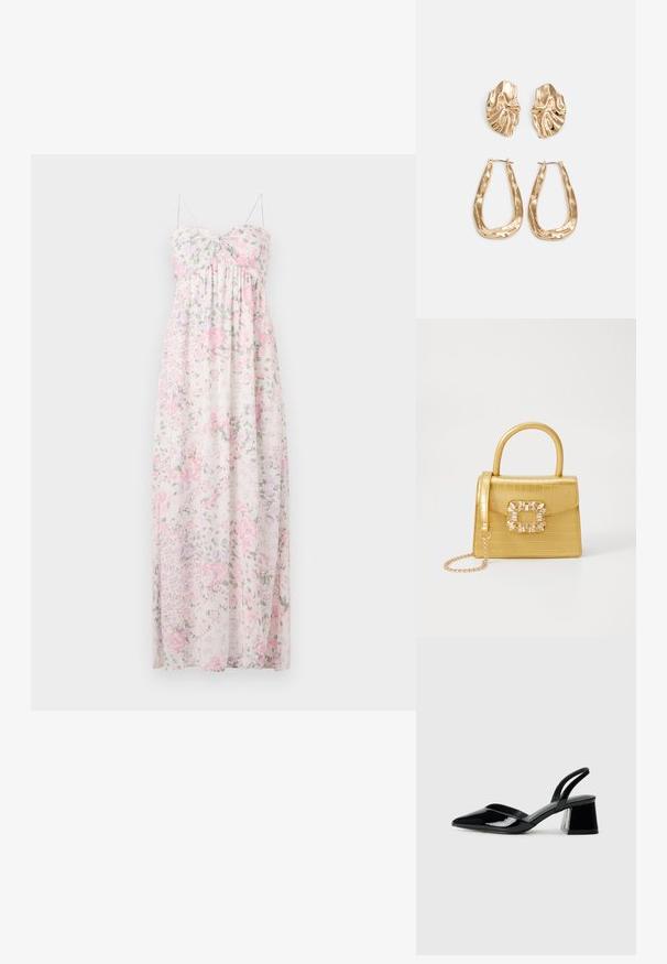 Vestido maxi em tecido leve e transparente. Apresenta um padrão floral em rosa, roxo e verde. Alças finas, decote coração e detalhes franzidos.; Sandy em verniz preto com salto slingback, ponta afilada e salto geométrico. Apresenta um design elegante e minimalista com textura suave.; Bolsa amarela em pele de crocodilo falsa, com um design estruturado, pega no topo, alça de corrente removível e decoração de cristal no fecho.; Brincos em tom de ouro com formas onduladas e texturizadas. Inclui studs escultóricos com presilha e um design de argola aberta com um acabamento martelado.