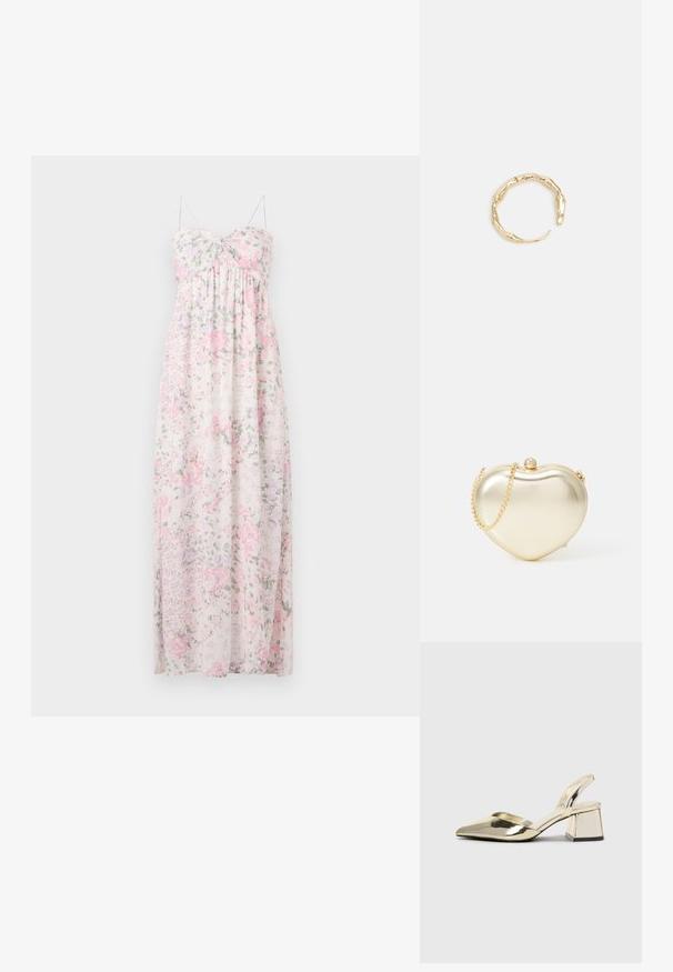 Kerge, läbipaistvast kangast maxi kleit. Omab lillemustrit roosa, lilla ja rohelise värviga. Spagetti õlgedega, südamekujuline kaelus ja rukkettevõtete detailid.; Kuldne, metallilised slingback-kudumid terava varba ja paksu kontsaga. Sile tekstuur, minimalistlik disain ja kitsas rihm.; Kuldne metallist südamekujuline käekott ketiga ja pärlitöötlusega lukuga. Sile tekstuur, kompaktne disain väikeste esemete jaoks.; Kuldtoonis sõrmus, millel on orgaaniline, keerdunud disain sileda tekstuuri ja kitsenevate otstega, luues kaasaegse skulptuurilise välimuse.