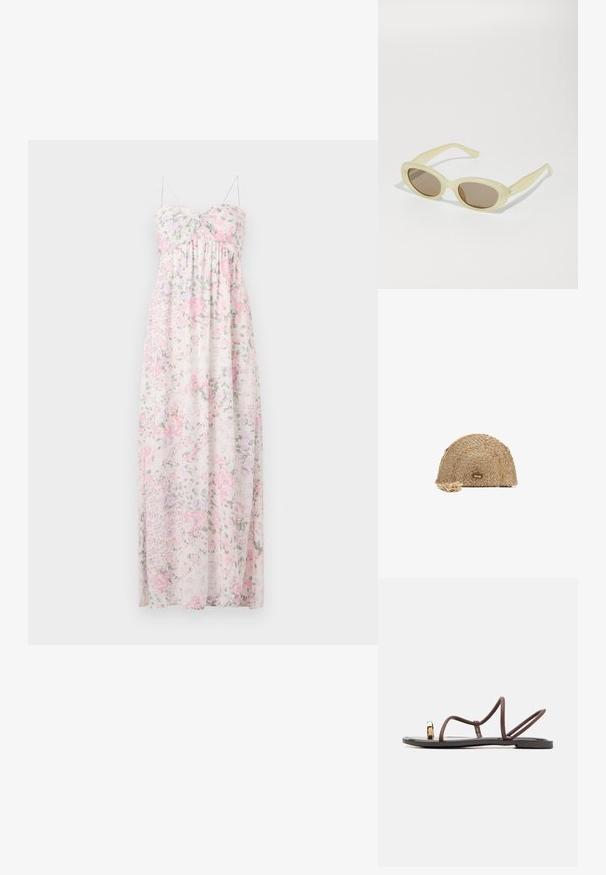 Maxi obleka iz lahkega, prosojnega blaga. Ima cvetlični vzorec v roza, vijolični in zeleni barvi. Z naramnicami v stilu spaghetti, srčasto izrezano in nabranimi detajli.; Rjave ravne sandale z več tankimi trakovi, zanka za palec in zlato naglavno dekoracijo. Podplat je raven in ima gladko površino.; Ovalne sončna očala s prozornim svetlo rumenim okvirjem in rjavimi lečami. Imajo gladko teksturo in subtilne kovinske detajle na straneh.; Tkané slamnate torbice v obliki polmeseca, z teksturirano površino, bež barvo in dekorativno trobojnico. Detajl logotipa iz zlatih kovinskih elementov.