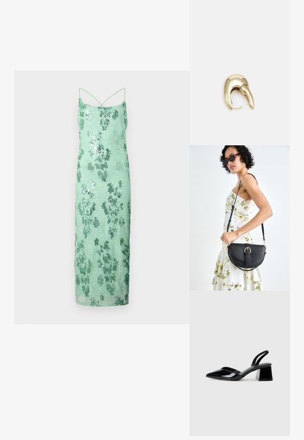 Šaty mentolovej zelenej farby s flitrami, priliehavého strihu, s tenkými ramienkami, kvetinovým vzorom a hladkým povrchom, s dĺžkou po polovicu lýtok.; Čierne lakované kožené sandálové podpätky s špicatou špičkou a geometrickým blokovým podpätkom. Disponujú elegantným, minimalistickým dizajnom a hladkým povrchom.; Čierna kožená kabelka s zaobleným tvarom, odnímateľným popruhom a zlatými doplnkami. Kabelka má klopu s detailom s prackou.; Náušnice z kovu v zlatej farbe s elegantným, zakriveným dizajnom. Majú charakteristický špicatý tvar, leštený povrch a uzáver na pánt.