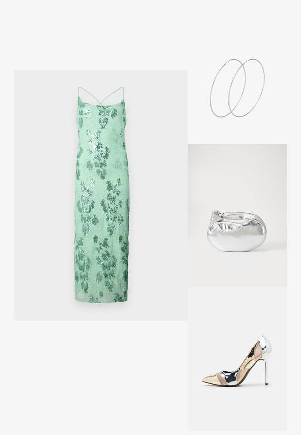 Mint zelena obleka s sequinsom in telesno prileganjem, z naramnicami, cvetličnim vzorcem in gladko teksturo, dolžine do pol teleta.; Čevlji z visoko peto in konico, v barvni kombinaciji srebrne, zlate in nude. Sijajna obdelava z izrezljanim dizajnom, z igličasto peto.; Srebrna kovinska torbica z mehko, zaobljeno obliko in zavezano zgornjo zaporo. Narejena iz gladkega umetnega usnja.; Srebrne uhane v obliki obroča z minimalističnim dizajnom. Krožna oblika, gladka tekstura in tanek profil. Lahki s poliranim zaključkom.