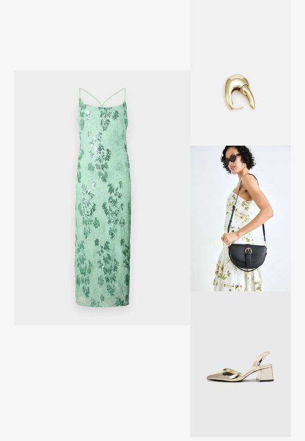 Šaty mentolovej zelenej farby s flitrami, priliehavého strihu, s tenkými ramienkami, kvetinovým vzorom a hladkým povrchom, s dĺžkou po polovicu lýtok.; Zlaté kovové lodičky na podpätku so špicatou špičkou a robustným podpätkom. Hladký povrch, minimalistický dizajn a úzka remienok.; Čierna kožená kabelka s zaobleným tvarom, odnímateľným popruhom a zlatými doplnkami. Kabelka má klopu s detailom s prackou.; Náušnice z kovu v zlatej farbe s elegantným, zakriveným dizajnom. Majú charakteristický špicatý tvar, leštený povrch a uzáver na pánt.