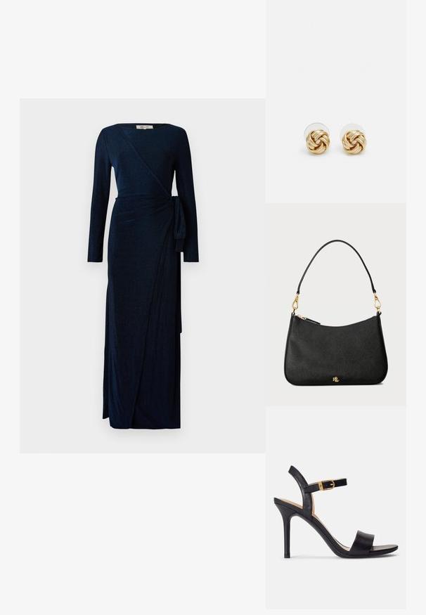 Navy modré dlouhé šaty s rukávy, vyrobené z texturované látky, s detailem šňůrky v pase a sukní až na zem.; Černé sandály na vysokém podpatku s hladkým koženým svrškem, otevřenou špičkou a designem s jedním popruhem, ozdobené zlatou sponou.; Černá kožená kabelka se strukturovaným designem, obsahující zipové uzavření, odnímatelný popruh a zlaté kovové detaily.; Náušnice ve zlatém tónu ve tvaru uzlu s propleteným designem. Každá náušnice má kulatou průhlednou oporu pro bezpečné nošení.