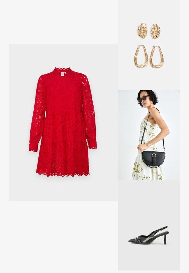 Piros, réteges ruha hosszú ujjakkal, magas nyakkal és bonyolult kivágott mintákkal, amelyek fodros szélekkel rendelkeznek. Könnyű anyagból készült.; Fekete lakk bőr, hegyes orrú slingback cipő, boka pántokkal, ezüst csatokkal és hardverelemekkel, valamint karcsú sarkú.; Fekete bőrtáska ívelt formával, levehető pánttal és arany színű fémrészekkel. A táskán egy csattal díszített fedél található.; Aranyszínű fülbevalók, texturált, hullámos formákkal. Tartalmazza a szobrászati klipszes studokat és az open hoop kialakítást, kalapácsos felülettel.