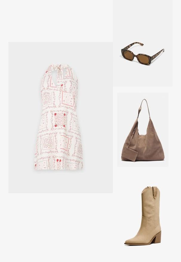 Weißes Kleid mit Halterneck, das ein florales Muster in Rottönen und Rosa, quadratische Designs und eine Schlüssellochöffnung am Ausschnitt zeigt.; Bershka HIGH-HEEL - Cowboy-/Bikerboot - beige; Schildpatt-Sonnenbrille mit einem runden, klobigen Rahmen und braunen Gläsern. Verfügt über dezente Muster und gerade, zulaufende Bügel.; Zign LEATHER - Shopping Bag - light brown