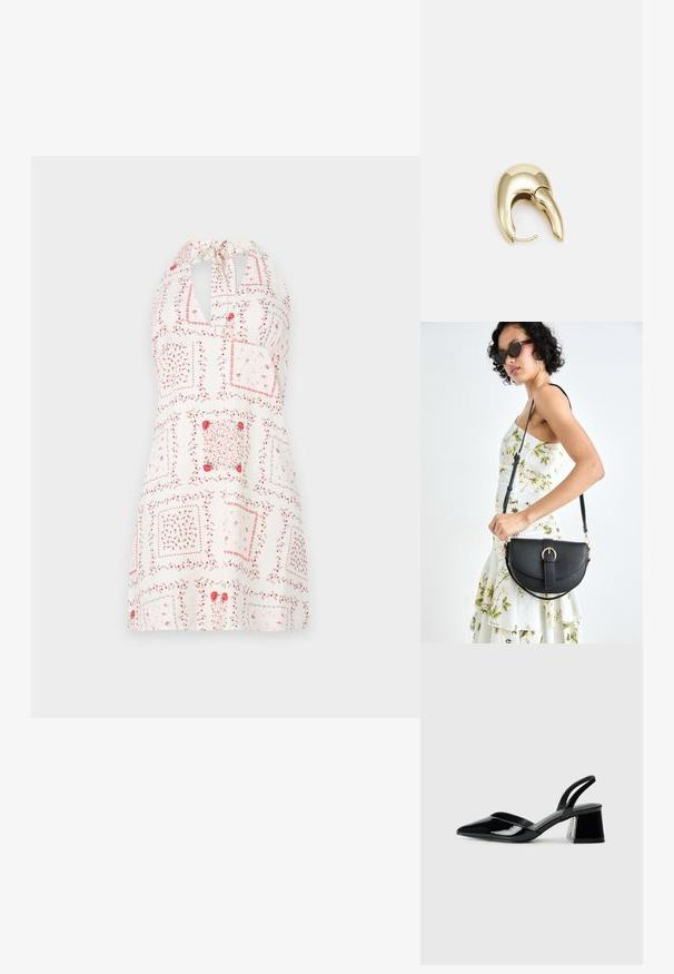 Rochie albă cu guler halter, având un model floral în nuanțe de roșu și roz, cu desene pătrate și o deschidere în formă de cheie la decolteu.; Pantofi cu toc slingback din piele lacuită neagră, cu vârf ascuțit și toc geometric. Prezintă un design elegant, minimalist și o textură netedă.; Geantă din piele neagră, cu o formă curbată, curea detașabilă și accesorii aurii. Geanta are un capac cu un detaliu tip cataramă.; Cercei din metal de culoare aurie cu un design elegant și curbat. Prezintă o formă distinctivă, ascuțită, o suprafață lustruită și un sistem de închidere cu balama.