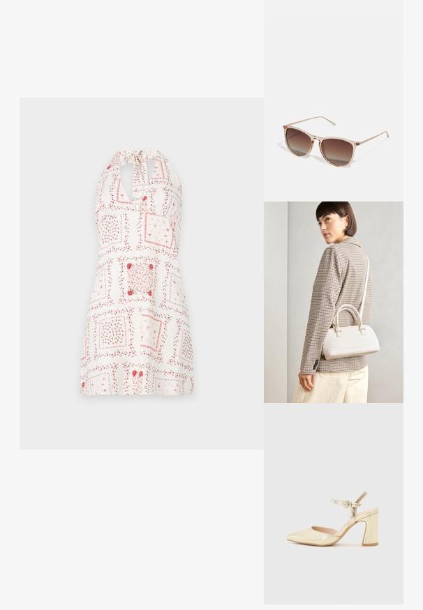 Balta suknelė su kaklo dirželiu, puošta raudonais ir rožiniais gėlių raštais, kvadratiniais dizainais ir rakto skylutės išpjova kaklo srityje.; Auksinės metalinės kulninės bateliai su smailiu nosiu, kulkšnies dirželis su apvaliu užsegimu ir masyvus kulnas. Lygus paviršius.; Rudi gradientiniai saulės akiniai su permatomu rožiniu rėmeliu, kvadratinės formos ir plonomis metalinėmis šakėmis. Yra su apvalintais kraštais ir minimaliais dekoratyviniais elementais.; Balta struktūruota rankinė su trumpomis rankenomis ir peties diržu, su auksinėmis detalėmis ir tekstūruota medžiaga, pastatyta prieš pilką foną.
