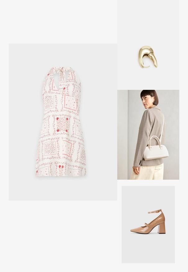 Fehér ruha pántos nyakkal, piros és rózsaszín virágmintával, négyzetes mintázattal, valamint egy kulcslyuk kivágással a nyakrészen.; Beige lakkbőr magassarkú cipők, hegyes orral, bokapánttal és vastag négyzetes sarkával. Simább textúrával és fényes felülettel.; Fehér, strukturált kézitáska rövid füllel és vállpánttal, arany színű fém kiegészítőkkel és texturált anyagból, szürke háttér előtt bemutatva.; Aranyszínű fém fülbevaló, elegáns, ívelt formával. Különleges hegyes alak, fényes felszín és zsanéros záródás jellemzi.