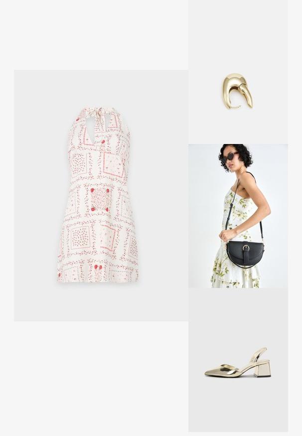 Valge kleit, millel on kaelus, lillemuster punase ja roosa tooni, ruudulised kujundid ning avaus kaeluse juures.; Kuldne, metallilised slingback-kudumid terava varba ja paksu kontsaga. Sile tekstuur, minimalistlik disain ja kitsas rihm.; Mustmust mustraha kõverate joontega, eemaldatava rihmaga ja kuldsete detailidega. Kotil on klapp, millel on pandladetail.; Kuldtooni metallist kõrvarõngas, millel on elegantne ja kaarjas disain. Omab silmapaistvat teravat kuju, poleeritud pinda ja hingesulgemist.