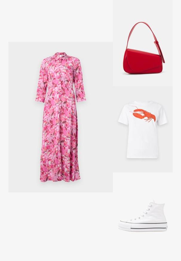 Vestido longo, com botões, em um padrão floral rosa. Apresenta colarinho, mangas longas e um corte descontraído. Feito de um tecido leve.; Camiseta de algodão branca com um grande gráfico de lagosta vermelha brilhante na frente. Mangas curtas e design de gola redonda padrão.; Sapatilha alta de tela branca com sola de borracha preta, bico de borracha na frente e seis ilhós para os atacadores, apresentando um design limpo e minimalista.; Bolsa de mão em couro vermelho com um design angular e geométrico. Apresenta uma única alça ajustável e um fecho com aba, com detalhes cosidos.