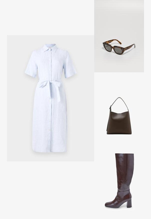 Hellblaues Leinenhemdkleid mit kurzen Ärmeln, Knopfleiste und einem gebundenen Taillengürtel. Leicht strukturiert, knielanges Design.; Braune Lederstiefel bis zum Knie mit einer viereckigen Spitze und einem klobigen Absatz. Die Oberfläche ist glänzend und hebt die glatte Textur sowie die Designelemente hervor.; Schildpatt-Sonnenbrille mit kantigen Rahmen und grauen Gläsern. Verfügt über eine glänzende Oberfläche und dezente Markenkennzeichnung an den Bügeln.; Braune Ledertasche mit einem gewölbten oberen Teil, einem einzelnen Schulterriemen und einer glatten Textur. Verfügt über ein minimalistisches Design und einen offenen Verschluss.