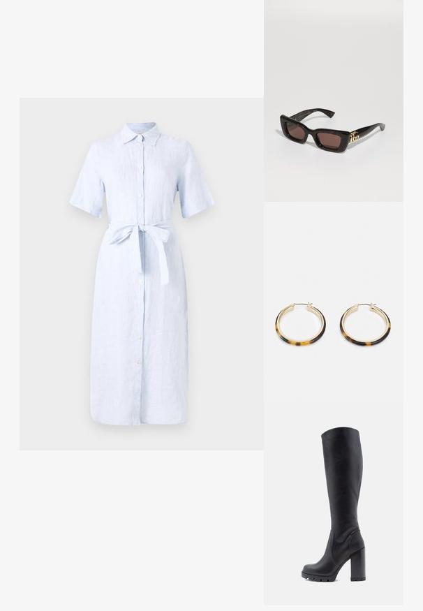 Svetlomodrá ľanová šaty s krátkymi rukávmi, zapínaním na gombíky vpredu a opaskom zviazaným v páse. Mierne štruktúrovaná tkanina, dĺžka po kolená.; Čierna čižma po kolená, hladký kožený materiál, robustný podpätok, zaoblená špička, textúrovaná podrážka s gripom, elegantný dizajn bez ozdôb.; Čierne korytnačie slnečné okuliare s obdĺžnikovými šošovkami, hnedým odtieňom, hrubým rámom a zlatým detailom dvojitého loga G na spánku.; Zlaté náušnice vo forme kruhov so vzorom žiabra na vonkajšej hrane z živice, s hladkým povrchom a elegantným, okrúhlym tvarom.