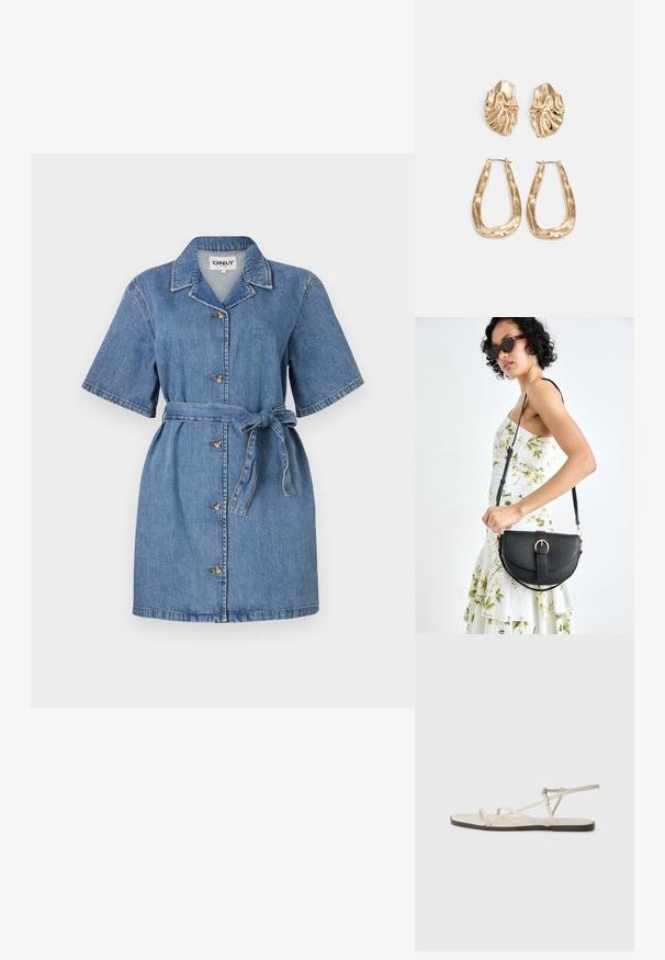 Denimkjole med korte ermer, krage, frontknapper og belte i midjen. Blått stoff med en glatt tekstur og subtile sømdetaljer.; Beige flate sandal med flere slanke stropper og en justerbar spenne. Sålen er flat med en svak mørk kontrast langs kanten.; Svart lærveske med en buet form, avtagbar stropp og gullbeslag. Vesken har et klaff med spenne-detall.; Gullfargede øredobber med teksturerte, bølgete former. Inkluderer skulpturelle klipsstuds og åpen hoop-design med en hamret finish.
