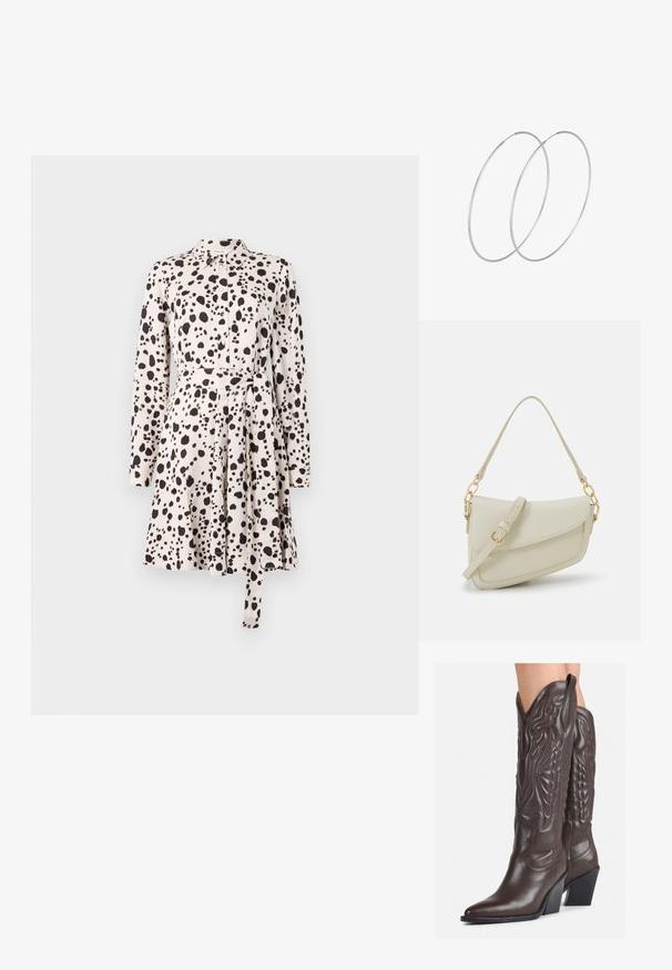 Sukienka koszulowa z długim rękawem w jasnym beżu z czarnym wzorem w kropki, z guzikami z przodu, paskiem w talii oraz rozkloszowanym dołem. Gładka tekstura materiału.; Brązowe skórzane kowbojki z noskiem w kształcie migdała i blokowym obcasem, z detalicznym przeszyciem i podniesionymi akcentami na cholewce.; Mała torebka w kolorze kremowym z teksturowanym wykończeniem, długim regulowanym paskiem, akcentem z łańcucha oraz zapięciem na klapkę. Wykończenia w kolorze złotym.; Srebrne kolczyki w formie obręczy o minimalistycznym designie. Okrągły kształt, gładka faktura i cienki profil. Lekkie, z polerowanym wykończeniem.