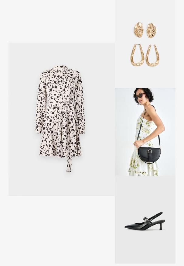 Rochie camasa cu maneci lungi, de culoare bej deschis, cu un model cu pete negre, cu nasturi la fata, curea la talie si fusta evazata. Textura materialului este neteda.; Sandale cu toc din piele patent neagră, cu vârful ascuțit și un toc mic bloc, având un accent cu cataramă argintie pe curea.; Geantă din piele neagră, cu o formă curbată, curea detașabilă și accesorii aurii. Geanta are un capac cu un detaliu tip cataramă.; Cercei aurii cu forme texturate și ondulate. Include studs sculpturale cu clip și un design de cerc deschis cu un finisaj cioplit.