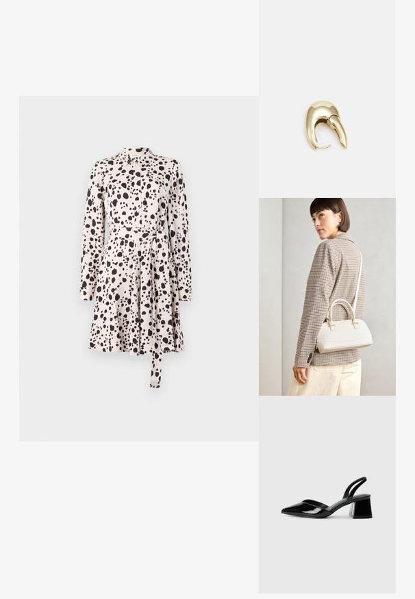 Langermet skjortekjole i lys beige med svart prikkete mønster, knappestolpe foran, belte i livet og utsvingt skjørtdel. Glatt stoffstruktur.; Svarte patentlær slingback hæler med spiss tå og geometrisk blokk hæl. Har et stilrent, minimalistisk design og jevn tekstur.; Hvit strukturert håndveske med korte håndtak og skulderreim, med detaljer i gullfinish og teksturert materiale, vist mot en grå bakgrunn.; Gullfarget metalløredobber med et elegant, buet design. Har en karakteristisk spiss form, polert overflate og hengsel-lukking.
