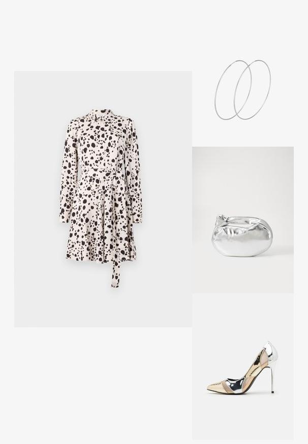 Abito camicia a maniche lunghe in beige chiaro con motivo a macchie nere, chiusura con bottoni davanti, cintura in vita e gonna svasata. Tessuto con texture liscia.; Scarpa con tacco alto a punta, con una combinazione di colori argento, oro e nudo. Finitura lucida con design a ritaglio, con tacco a stiletto.; Borsa a pochette metallica argentea con una forma morbida e arrotondata e chiusura superiore annodata. Realizzata in materiale sintetico morbido.; Orecchini a cerchio in argento con un design minimalista. Forma circolare, superficie liscia e profilo sottile. Leggeri con una finitura lucida.