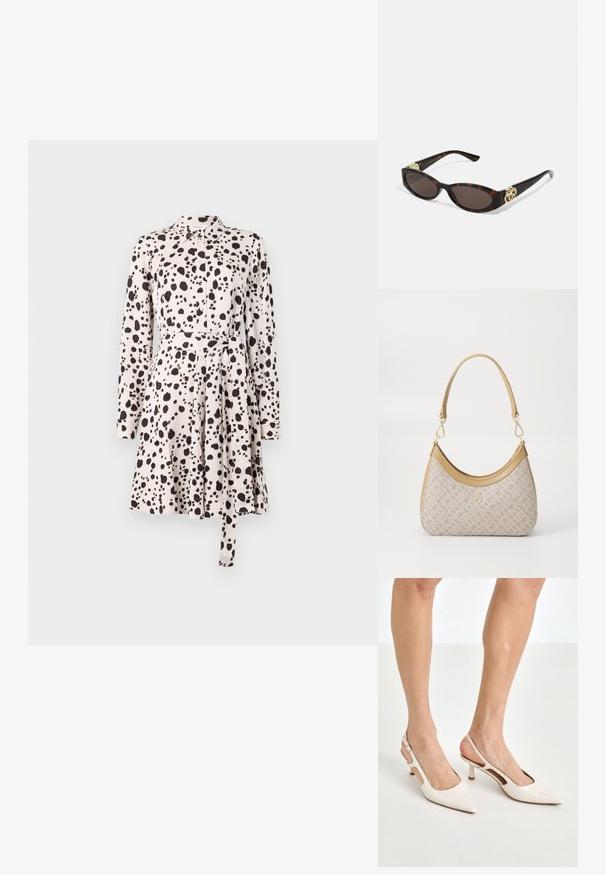 Langärmliges Hemdkleid in hellbeige mit schwarz gepunktetem Muster, Knopfleiste, Taillengürtel und ausgestelltem Rock. Glatte Stofftextur.; Beige Lackleder Slingback-Absätze mit spitzem Fuß und 5 cm Absatz, mit ausgeschnittenen Seiten und einem schmalen Knöchelriemen.; Schildpatt-Sonnenbrille mit länglich-ovalen Gläsern, braunem Farbton, goldenen Logo-Akzenten an den Bügeln und schlanken schwarzen Bügeln.; Beige gemusterte Handtasche mit geschwungener Form, Lederakzenten und einem goldfarbenen Logo auf der Vorderseite. Verfügt über einen kurzen Griff für einfaches Tragen.