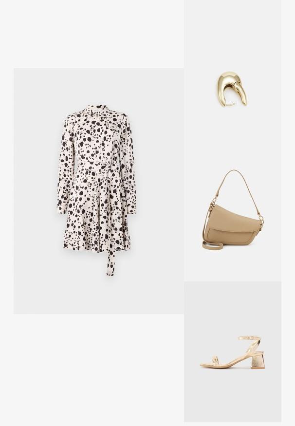 Langermet skjortekjole i lys beige med svart prikkete mønster, knappestolpe foran, belte i livet og utsvingt skjørtdel. Glatt stoffstruktur.; Gylne metalliske hælsandaler med en vinkelret blokhæl, to stropper over foten og en justerbar ankelstropp. Jevn tekstur.; Even&Odd Håndveske - beige; Gullfarget metalløredobber med et elegant, buet design. Har en karakteristisk spiss form, polert overflate og hengsel-lukking.