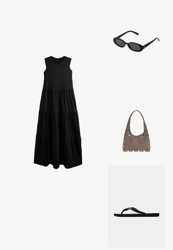 Next SLEEVELESS CREW NECK TIERED - Žerzejové šaty - pitch black; Černé gumové žabky s texturovaným páskem a jednoduchou plochou podrážkou, zobrazené z boku na světlém pozadí.; Černé oversized sluneční brýle s oválnými čočkami, hladkým plastovým rámem a zlatými akcenty na spáncích. Tmavé čočky poskytují ochranu před sluncem.; PULL&BEAR SHOPPER - Velká kabelka - grey