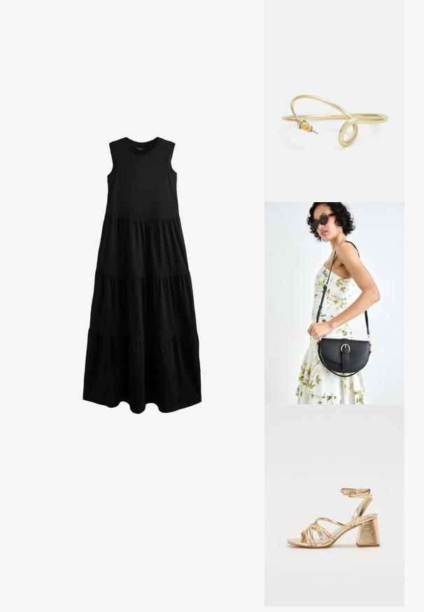 Next SLEEVELESS CREW NECK TIERED - Jerseyklänning - pitch black; Guldmetalliska klacksandaler med ett snörningsdesign, fyrkantig blockklack och justerbar ankelrem med spänne. Slät textur.; Svart läderhandväska med en böjd form, avtagbar rem och guldiga detaljer. Väskan har ett lock med en spänndetalj.; Guld-färgad metallarmband med ett mjukt, kurvigt mönster. Har en liten, framträdande silverfärgad accent i ena änden.